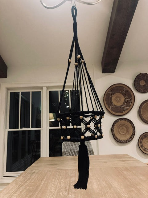 Large Black Macrame Basket Hanger (With Bead)