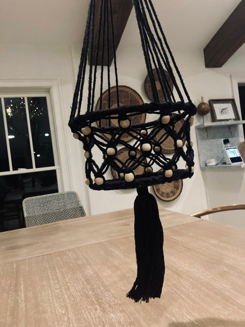 Large Black Macrame Basket Hanger (With Bead)